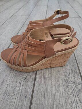 Franco Sarto Tammie Women's Tan Leather Approx 4.25" Cork Wedge Sandals Size 9.5